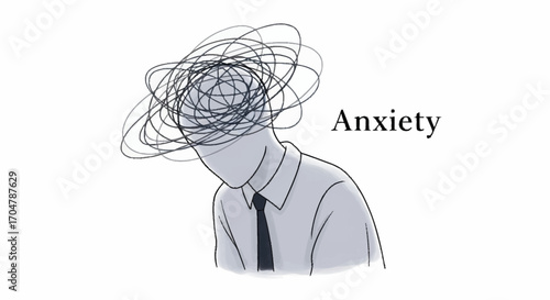 Illustration of a person experiencing mental distress and confusion represented by a tangled mess of lines over their head, symbolizing anxiety and stress