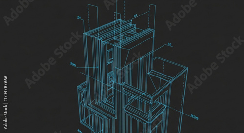 Abstract blueprint of a building structure, showcasing architectural design and engineering in a technical and futuristic style