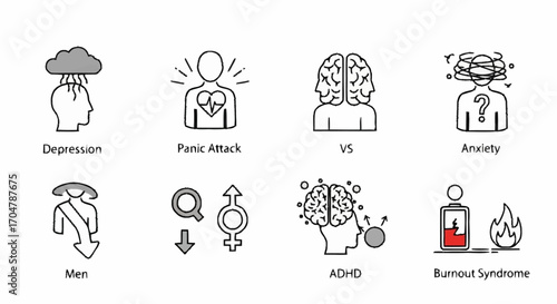 A collection of minimalist line art icons depicting various mental health conditions and psychological concepts