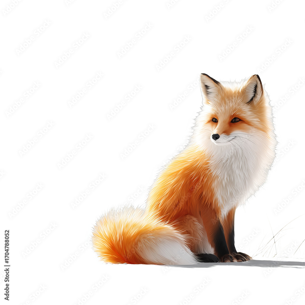 Fototapeta premium A red fox with detailed and vibrant fur is sitting on a white background, showcasing its beautiful appearance.