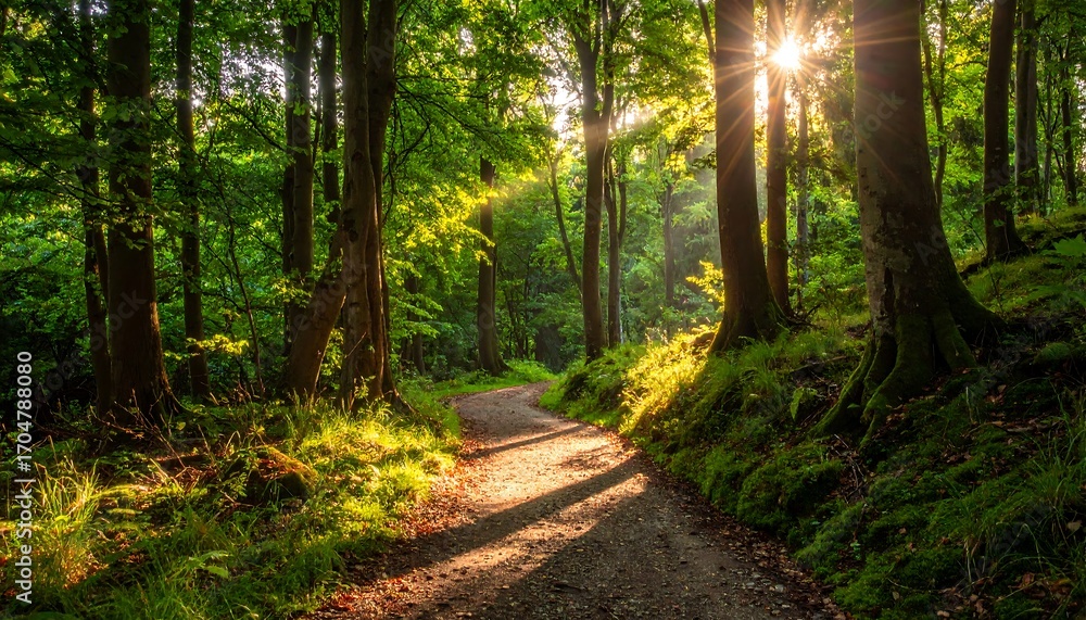 Fototapeta premium Sunlit Forest Path - A Serene Journey Through Natures Embrace.