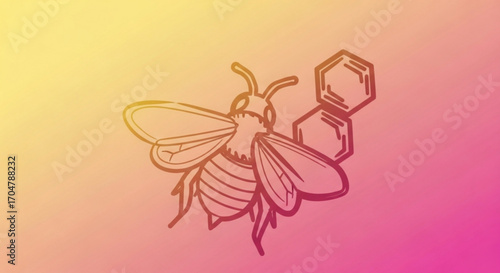 A stylized bee illustration with honeycomb on a gradient background, representing nature, honey production, and the importance of pollinators