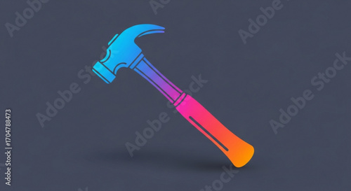 A colorful hammer with a gradient from blue to orange on a dark gray background is a tool for construction
