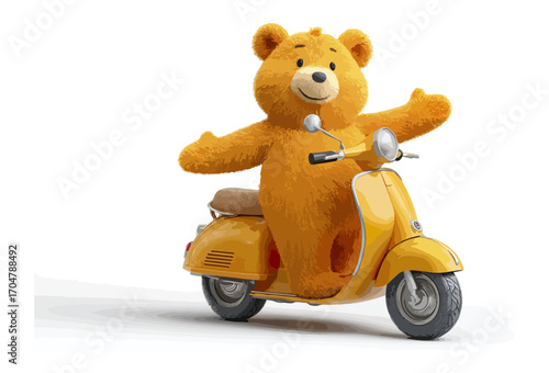 Teddy bear riding a yellow scooter