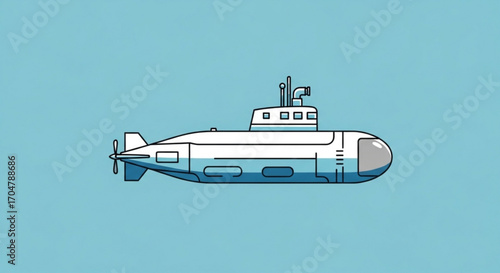 Illustration of a white submarine with a propeller and periscope floating on a light blue background in the ocean