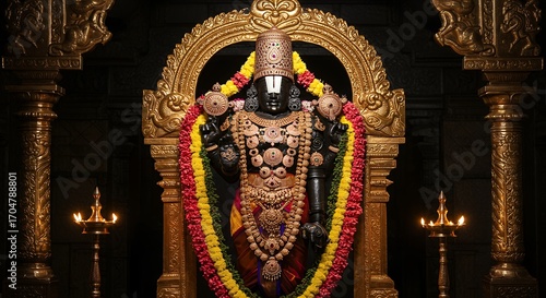 Venkateshwara Idol Decorated with Ornaments in Temple Lighting