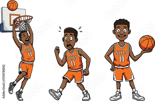 Cartoon basketball player in orange uniform number 11 performing slam dunk, surprised reaction, and confident pose, sports action comic style vector illustration