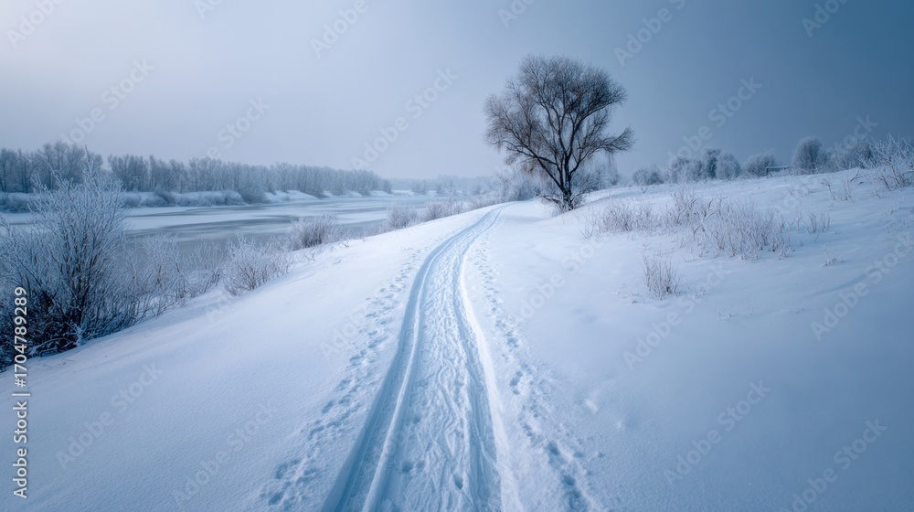 Fototapeta premium Tranquil Winter Landscape with Snowy Path and Bare Tree