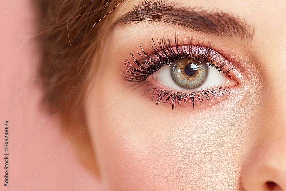 Obraz premium A close-up of a woman's eye with long lashes, showcasing a striking iris against a soft pink background.