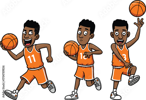 Cartoon basketball players in orange uniforms performing running, standing, and jumping actions, sports comic style vector illustration showing athletic movement and teamwork