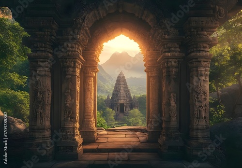 Ancient Temple Archway at Sunset