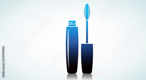 Elegant blue mascara bottle and brush, showcasing cosmetic product for eye enhancement and beauty