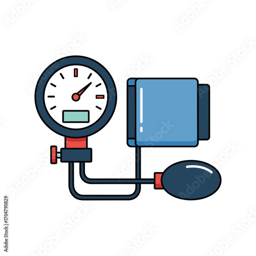 Illustration of a blood pressure monitor, showing gauge and cuff, medical concept.