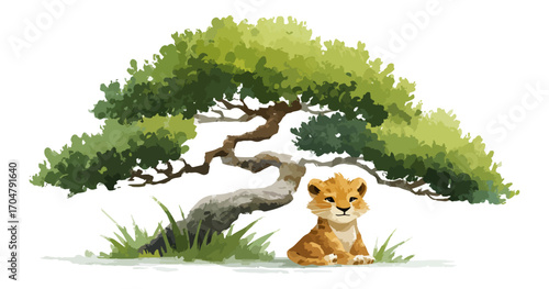Cute lion cub under lush tree illustration