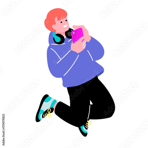 ポップでカラフルなZ世代の若者　スマホを使う男性のイラスト
