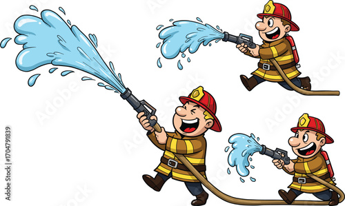 Cartoon firefighters spraying water with hoses, cheerful kids fire safety illustration, animated emergency response team vector for education and design