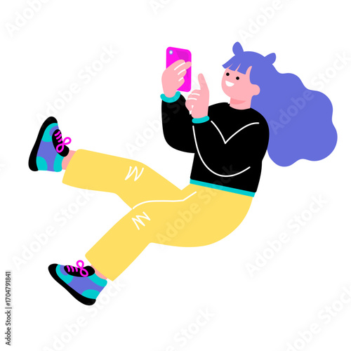 ポップでカラフルなZ世代の若者　スマホを使う女性のイラスト