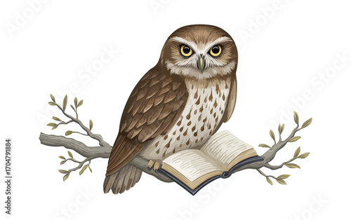 Owl perched on branch holding open book