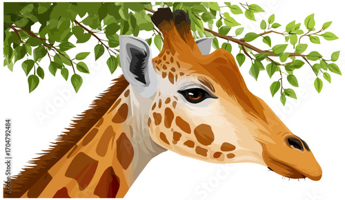 Giraffe portrait against branches