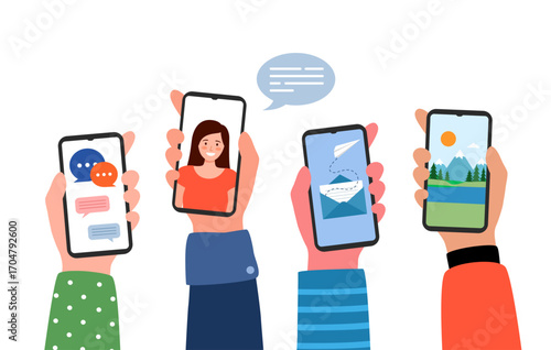 Young people use smartphones and surfing in social media. Boys and girls chatting, watching video, liking photos, talking in mobile app vector.