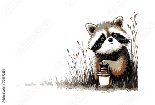 Cute raccoon with lantern in nature scene