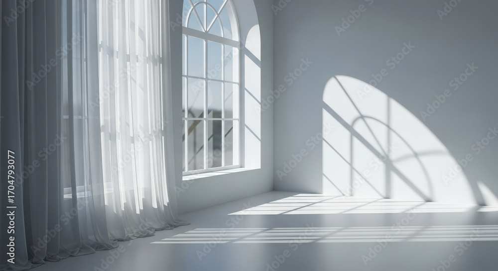 Obraz premium Sunlit Serenity A Minimalist Interior with Arched Window and Sheer Curtains Casting Gentle Shadows on a White Wall and Floor Creating a Peaceful Atmosphere