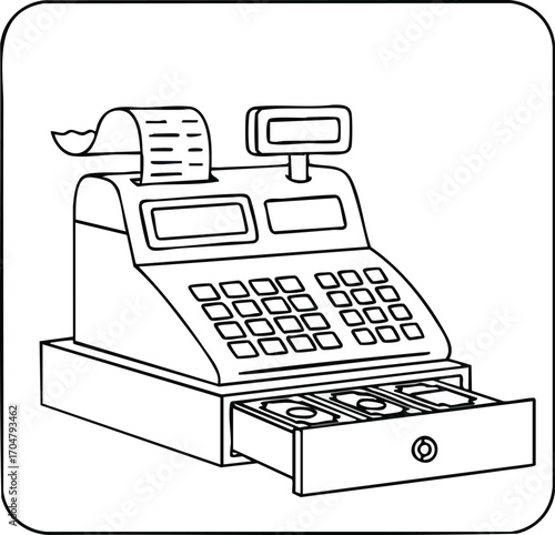 Cash Register Icon with Open Drawer Sales Receipt and Money