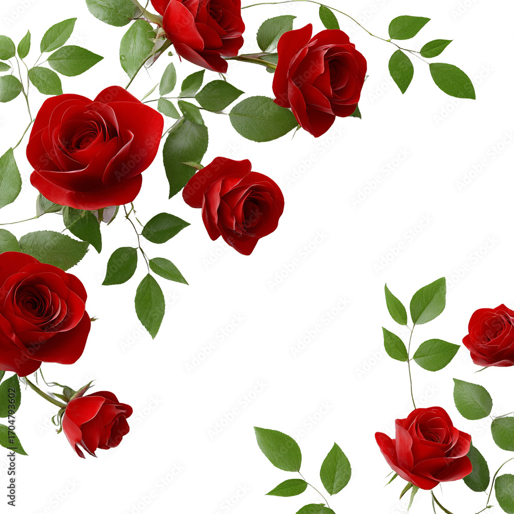 Fototapeta premium A close-up view of red roses with green leaves, showcasing their vivid color and delicate petals in a floral arrangement.