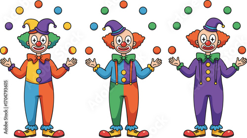 Colorful Cartoon Clowns Juggling Balls in Whimsical Circus Scene with Funny Costumes, Red Noses, and Happy Expressions for Kids Entertainment