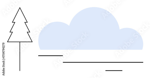 Pine tree beside soft blue cloud above horizon lines creating calm, scenic landscape. Ideal for nature, minimalism, outdoors, tranquility, environments, simplicity art. Simple flat metaphor