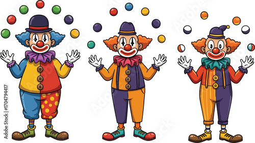Colorful cartoon clowns juggling multiple balls in circus performance, playful vector illustration for entertainment, festival, carnival, and children’s party themes