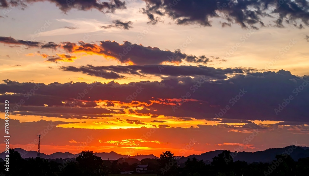 Fototapeta premium Vibrant sunset over silhouetted landscape with dramatic clouds.