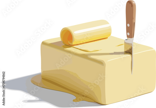Fresh Butter Block with Knife and Slice Isolated on White
