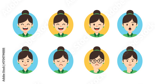 Set of cartoon female avatars showing different emotions and expressions.