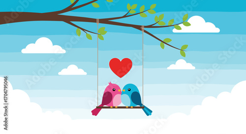 Two Birds On A Swing Under A Tree With A Heart.