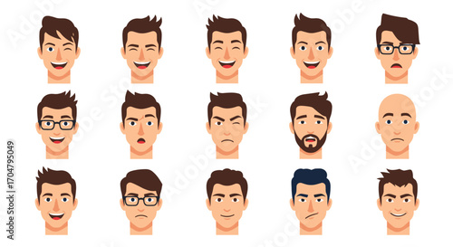 Collection of Diverse Male Faces Expressing Various Emotions and Styles.