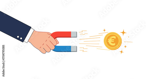 Hand holding magnet attracting euro coin with magnetic force.
