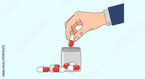 Hand placing capsule into medicine bottle with pills scattered around.