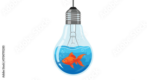 Goldfish swimming inside a light bulb filled with water.