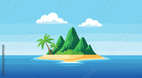Tropical Island Paradise with Lush Green Mountains and Palm Trees.