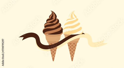 Two delicious ice cream cones with chocolate and vanilla flavors.