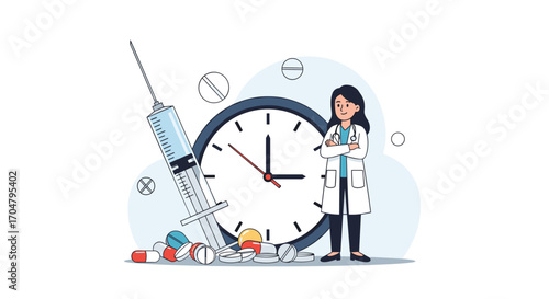 Doctor with Syringe and Pills in Front of Clock.
