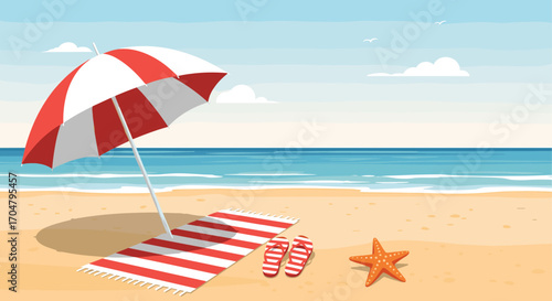 Beach Umbrella Towel Starfish Ocean Horizon.