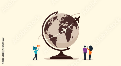 Global Travel and Tourism with Airplane Routes and Tiny People.
