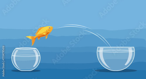 Goldfish leaping from one fishbowl to another across blue background.