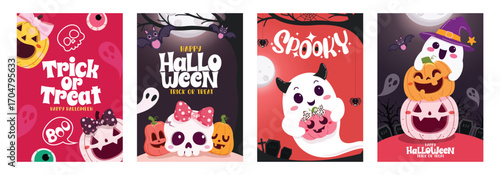 Happy Halloween and Trick or Treat greeting  text clipart poster set. Cute Halloween characters drawing clip art invitation card design collection for scary and skittish horror party celebration 