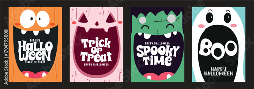 Halloween faces clipart poster set. Happy Halloween and trick or Treat greeting in abstract cute faces clip art like monster, pumpkin and ghost spooky characters colorful invitation card poster design