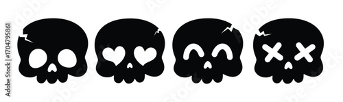 Skull silhouette icon clipart set. Halloween Skull silhouette clip art in spooky, scary, funny and cute faces collection black human bone symbol for traditional Halloween party decoration vector 