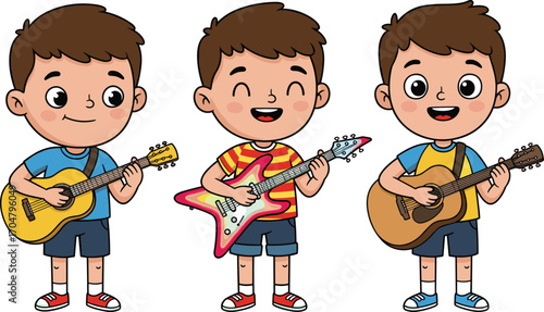 Three cartoon boys playing acoustic and electric guitars in colorful outfits, cheerful vector illustration for music education, children’s concert, and creative performance themes