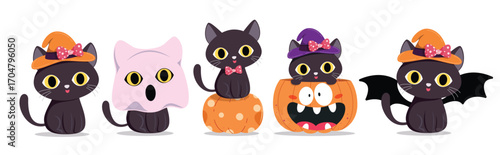 Kitten Halloween character clipart set. Black cat, bat, ghost and pumpkin Halloween character clip art collection with happy, funny, cute and creepy faces vector illustration.
